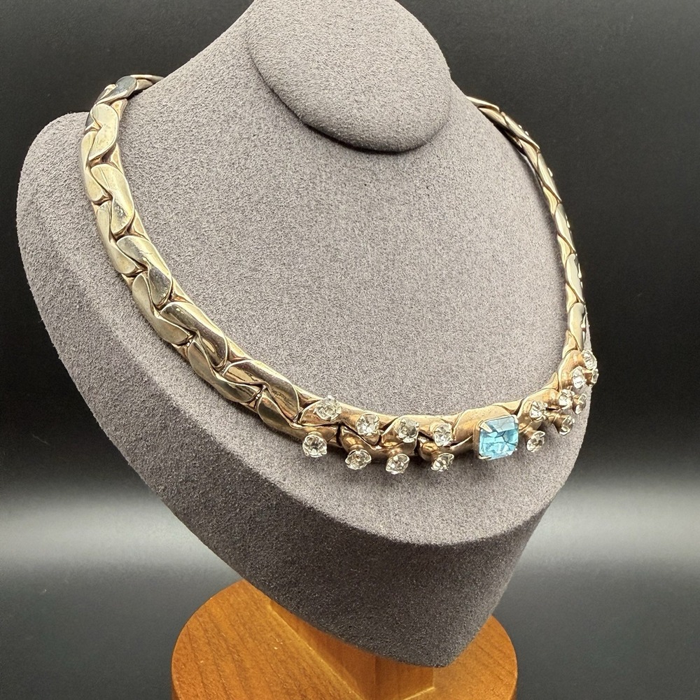 Vintage 1940s Aqua Blue Crystal Rhinestone Collar Necklace Silver Tone Statement